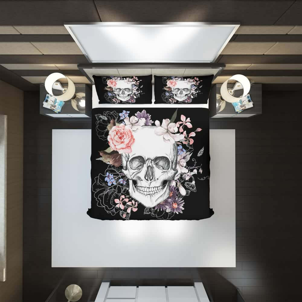 Floral Skull Duvet Cover Set - Y2K Grunge, 90s Retro, Pastel Goth, Summer Y2K Fashion Decor