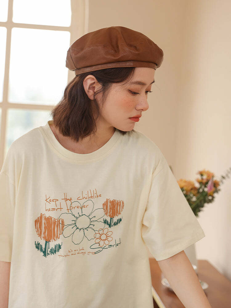 Florish Me Vintage Loose Print T-Shirt - Y2K Summer, 90s Grunge, Retro, Pastel Goth Outfits
