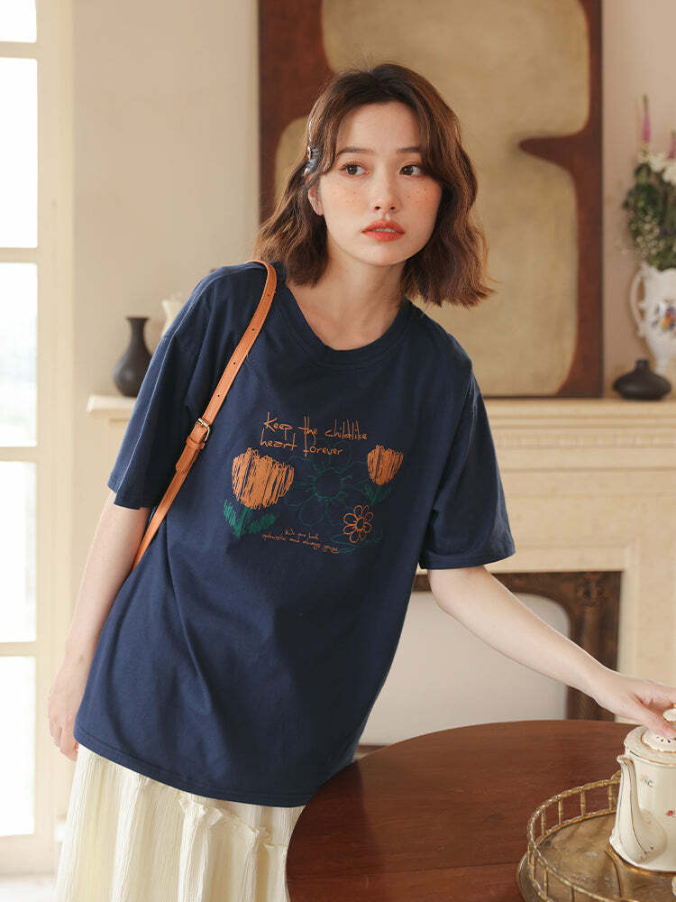 Florish Me Vintage Loose Print T-Shirt - Y2K Summer, 90s Grunge, Retro, Pastel Goth Outfits