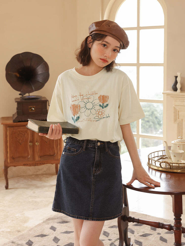 Florish Me Vintage Loose Print T-Shirt - Y2K Summer, 90s Grunge, Retro, Pastel Goth Outfits