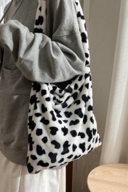 Fluffy Cow Shoulder Bag - Y2K Summer Grunge 90s Retro Style, Perfect for Y2K Outfits & Party Looks