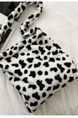 Fluffy Cow Shoulder Bag - Y2K Summer Grunge 90s Retro Style, Perfect for Y2K Outfits & Party Looks