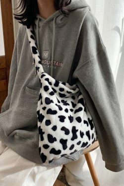 Fluffy Cow Shoulder Bag - Y2K Summer Grunge 90s Retro Style, Perfect for Y2K Outfits & Party Looks