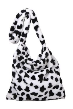 Fluffy Cow Shoulder Bag - Y2K Summer Grunge 90s Retro Style, Perfect for Y2K Outfits & Party Looks