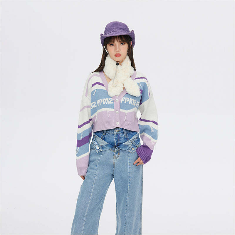 FPMZ Retro-Colored Contrast Striped Cardigan - Y2K Summer, 90s Fashion, Grunge, Pastel Goth
