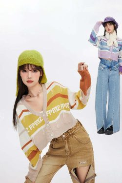 FPMZ Retro-Colored Contrast Striped Cardigan - Y2K Summer, 90s Fashion, Grunge, Pastel Goth