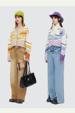 FPMZ Retro-Colored Contrast Striped Cardigan - Y2K Summer, 90s Grunge, Pastel Goth, Y2K