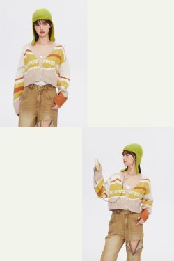 FPMZ Retro-Colored Contrast Striped Cardigan - Y2K Summer, 90s Grunge, Pastel Goth, Y2K