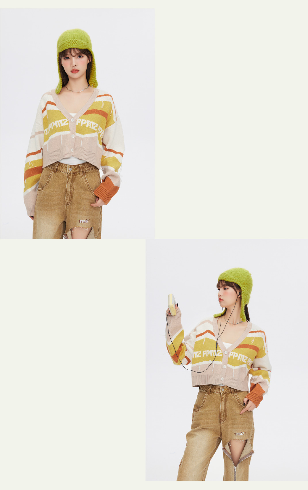 FPMZ Retro-Colored Contrast Striped Cardigan - Y2K Summer, 90s Grunge, Pastel Goth, Y2K