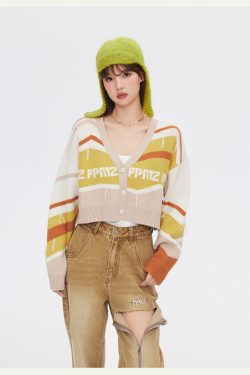 FPMZ Retro-Colored Contrast Striped Cardigan - Y2K Summer, 90s Grunge, Pastel Goth, Y2K