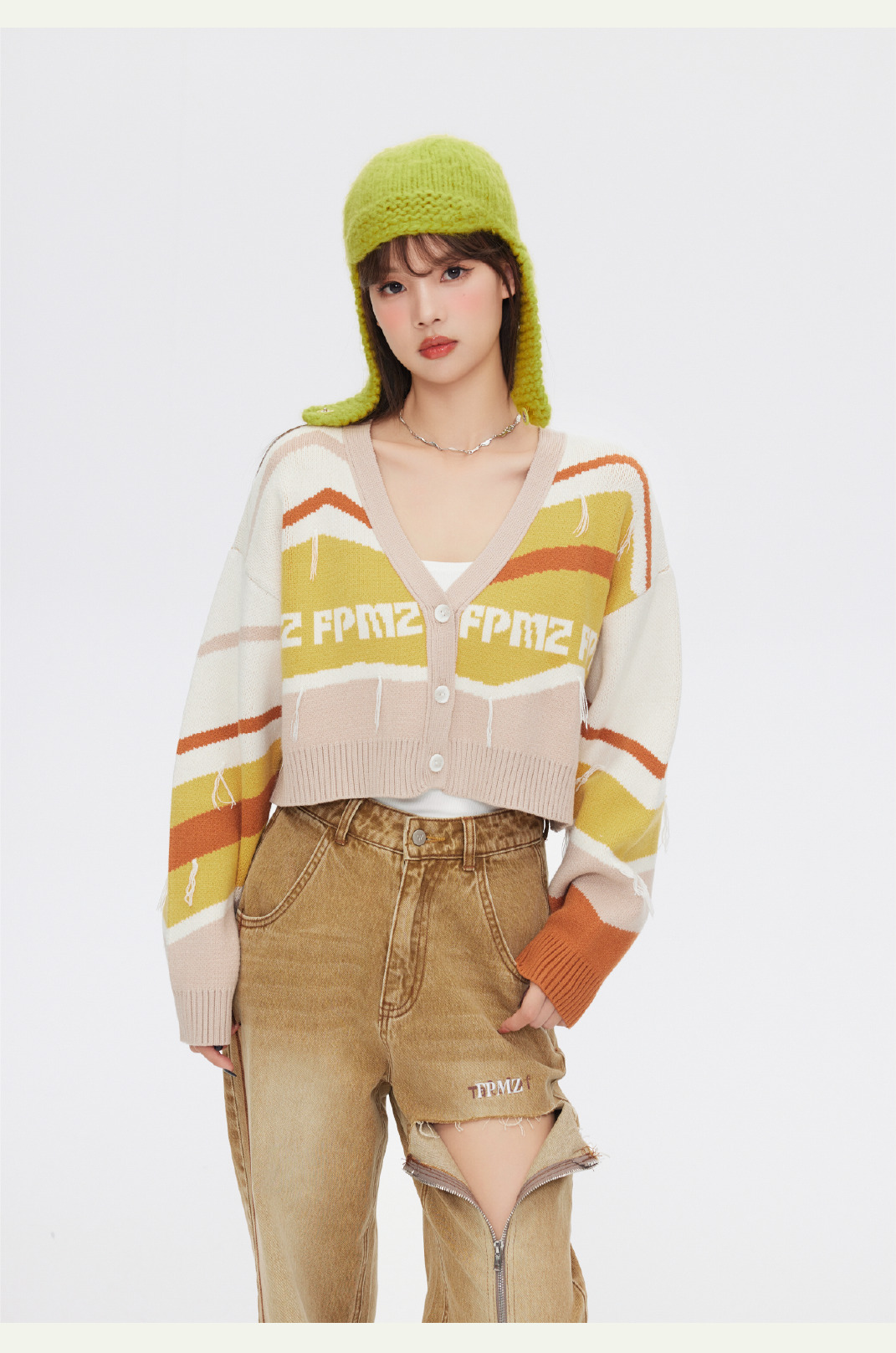 FPMZ Retro-Colored Contrast Striped Cardigan - Y2K Summer, 90s Grunge, Pastel Goth, Y2K