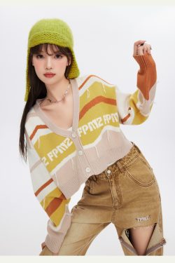 FPMZ Retro-Colored Contrast Striped Cardigan - Y2K Summer, 90s Grunge, Pastel Goth, Y2K