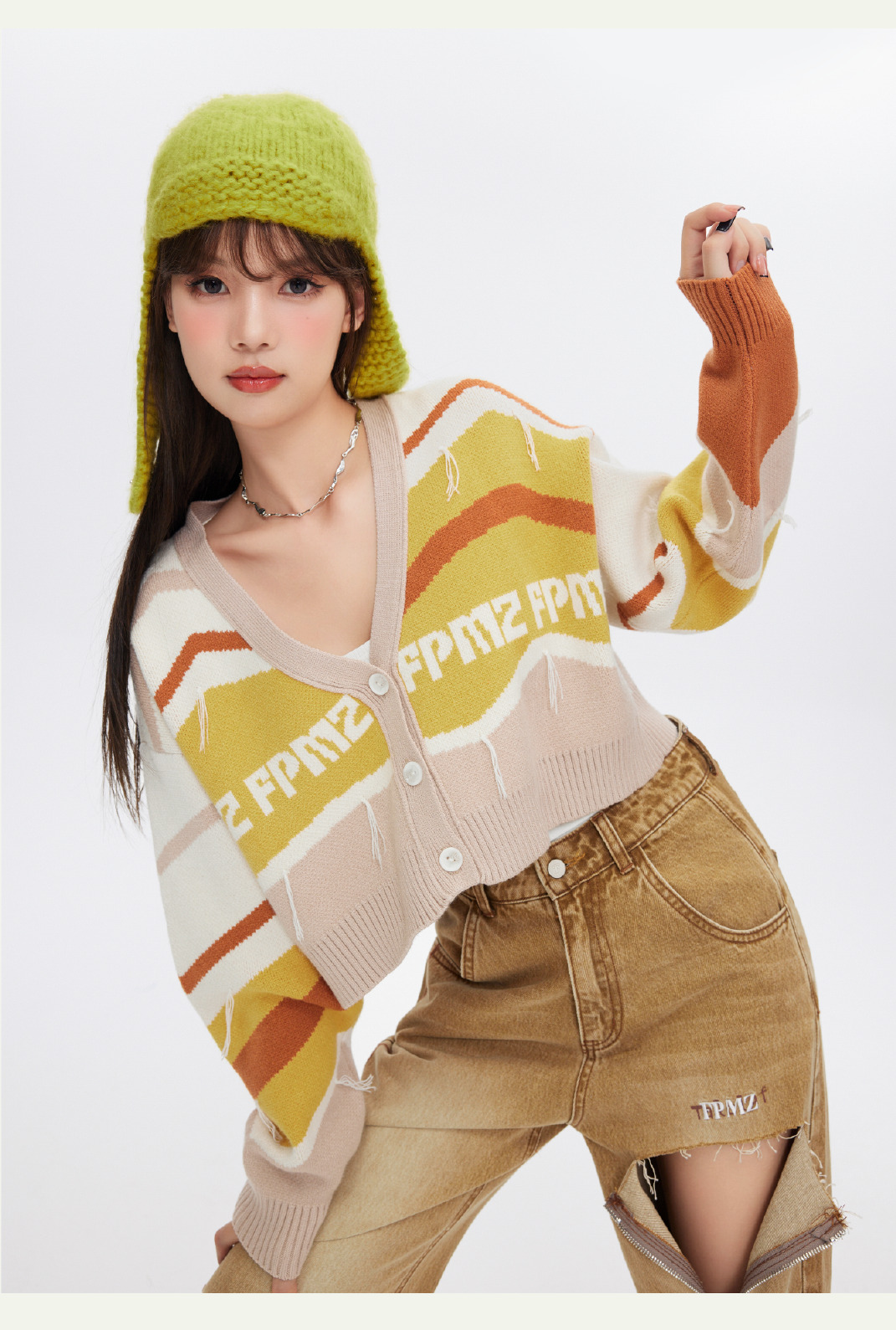 FPMZ Retro-Colored Contrast Striped Cardigan - Y2K Summer, 90s Grunge, Pastel Goth, Y2K