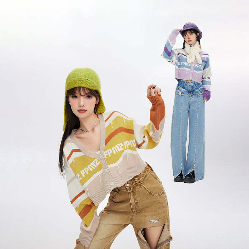 FPMZ Retro-Colored Contrast Striped Cardigan - Y2K Summer, 90s Grunge, Pastel Goth, Y2K
