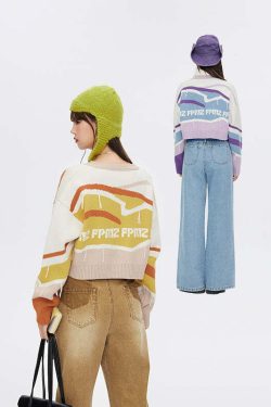FPMZ Retro-Colored Contrast Striped Cardigan - Y2K Summer, 90s Grunge, Pastel Goth, Y2K