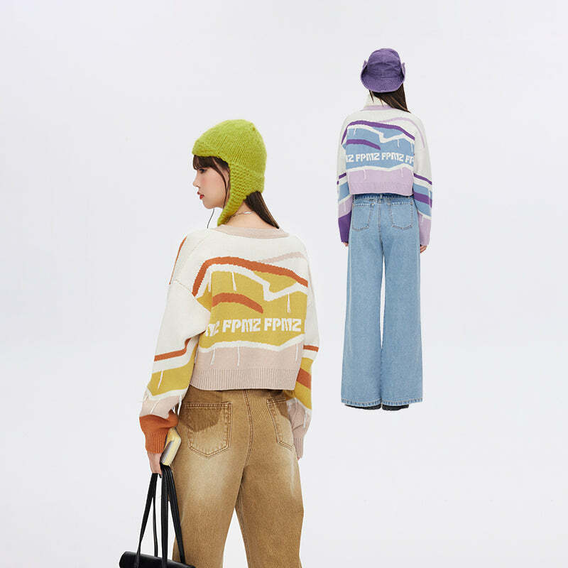 FPMZ Retro-Colored Contrast Striped Cardigan - Y2K Summer, 90s Grunge, Pastel Goth, Y2K