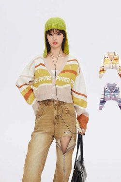 FPMZ Retro-Colored Contrast Striped Cardigan - Y2K Summer, 90s Grunge, Pastel Goth, Y2K