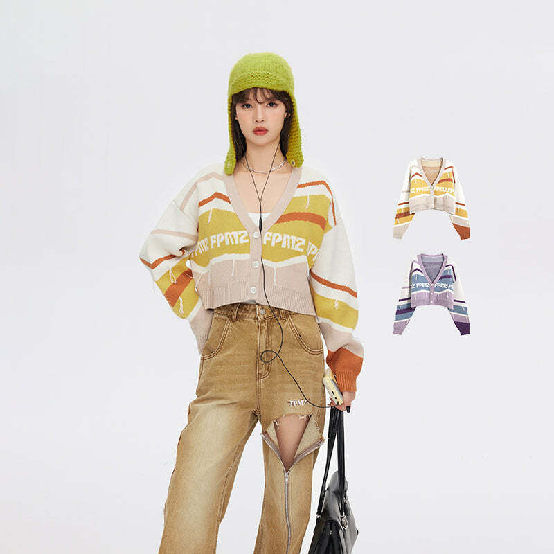 FPMZ Retro-Colored Contrast Striped Cardigan - Y2K Summer, 90s Grunge, Pastel Goth, Y2K
