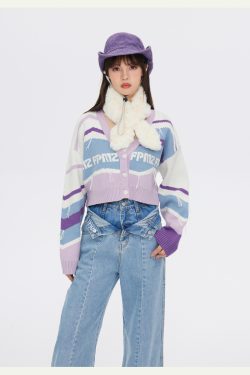 FPMZ Retro-Colored Contrast Striped Cardigan - Y2K Summer, 90s Grunge, Pastel Goth, Y2K