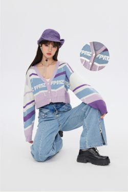 FPMZ Retro-Colored Contrast Striped Cardigan - Y2K Summer, 90s Grunge, Pastel Goth, Y2K