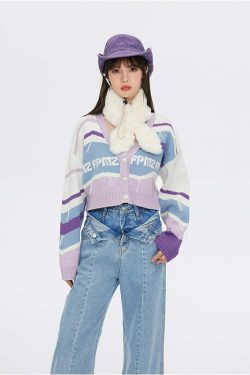 FPMZ Retro-Colored Contrast Striped Cardigan - Y2K Summer, 90s Grunge, Pastel Goth, Y2K