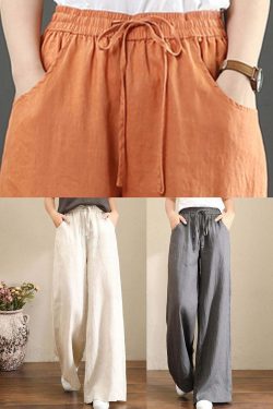 French Grey Linen Wide Leg Pants with Elastic Waist and Pockets - Y2K Summer Grunge Outfit