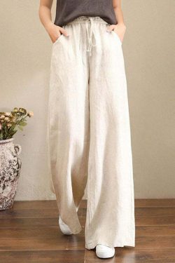 French Grey Linen Wide Leg Pants with Elastic Waist and Pockets - Y2K Summer Grunge Outfit