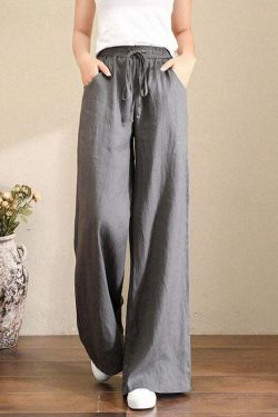 French Grey Linen Wide Leg Pants with Elastic Waist and Pockets - Y2K Summer Grunge Outfit