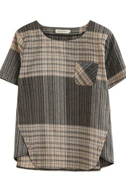 French Grey Plaid Asymmetrical Cotton Linen Blouse - Y2K Summer Grunge 90s Fashion Top