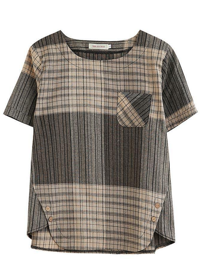 French Grey Plaid Asymmetrical Cotton Linen Blouse - Y2K Summer Grunge 90s Fashion Top