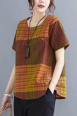 French Grey Plaid Asymmetrical Cotton Linen Blouse - Y2K Summer Grunge 90s Fashion Top