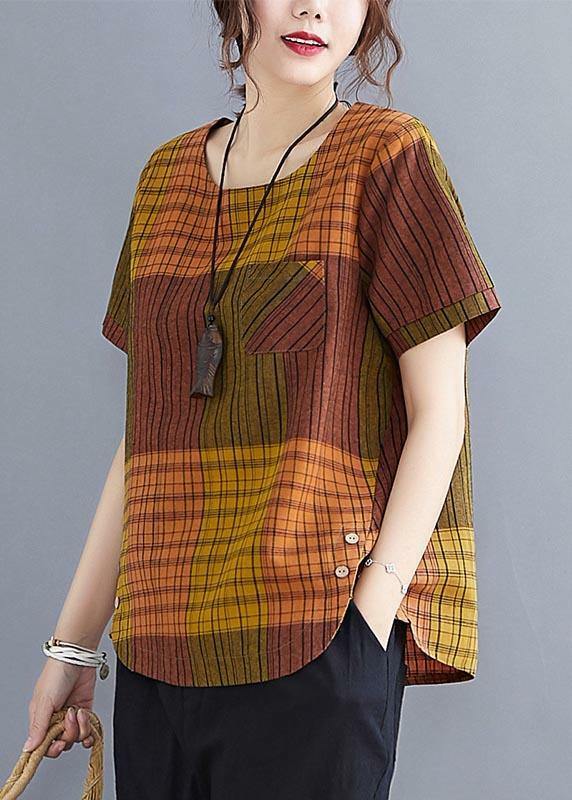 French Grey Plaid Asymmetrical Cotton Linen Blouse - Y2K Summer Grunge 90s Fashion Top
