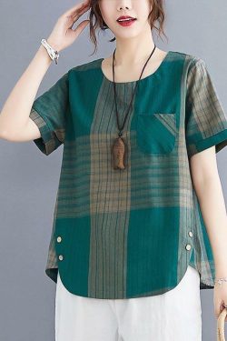 French Grey Plaid Asymmetrical Cotton Linen Blouse - Y2K Summer Grunge 90s Fashion Top