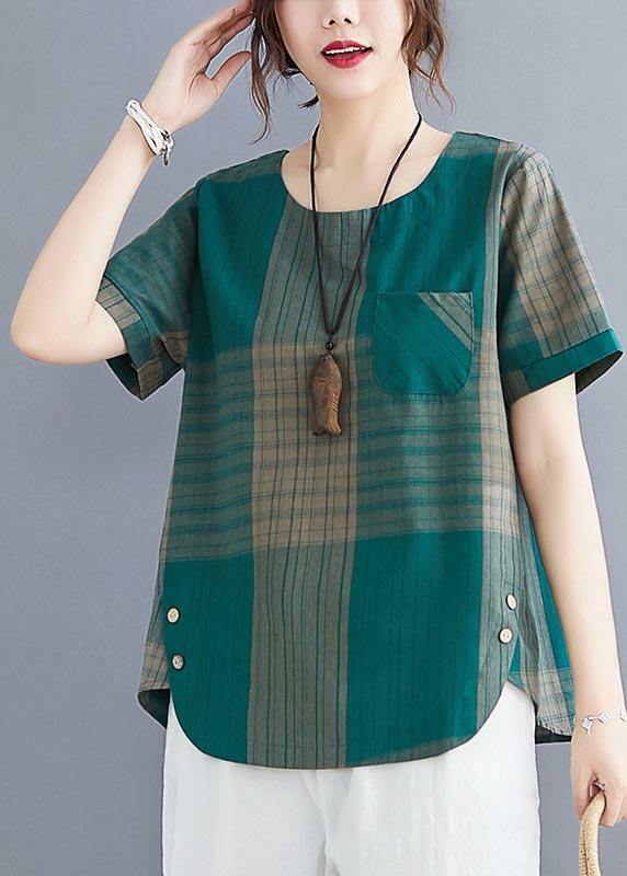 French Grey Plaid Asymmetrical Cotton Linen Blouse - Y2K Summer Grunge 90s Fashion Top