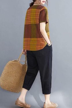 French Grey Plaid Asymmetrical Cotton Linen Blouse - Y2K Summer Grunge 90s Fashion Top