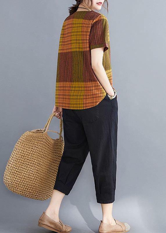 French Grey Plaid Asymmetrical Cotton Linen Blouse - Y2K Summer Grunge 90s Fashion Top
