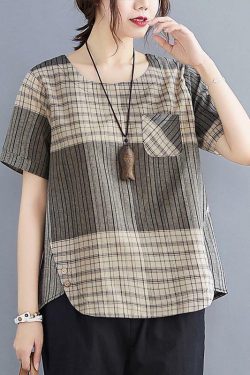 French Grey Plaid Asymmetrical Cotton Linen Blouse - Y2K Summer Grunge 90s Fashion Top