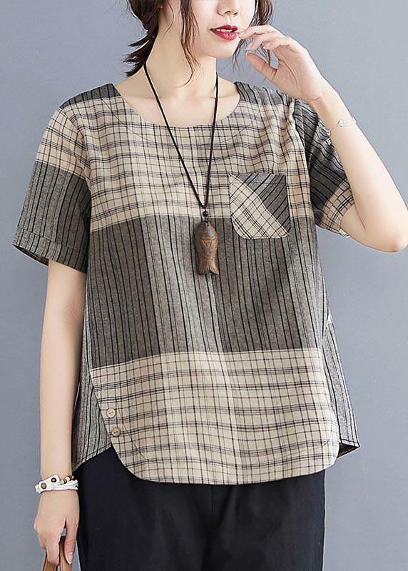 French Grey Plaid Asymmetrical Cotton Linen Blouse - Y2K Summer Grunge 90s Fashion Top