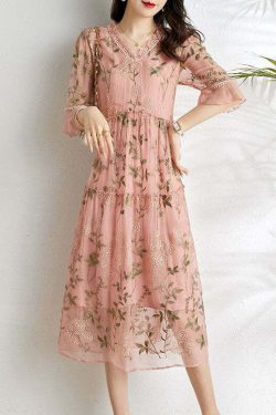 French Pink Embroidered Patchwork Wrinkled Tulle Dress - Y2K Summer Grunge 90s Fashion Outfit