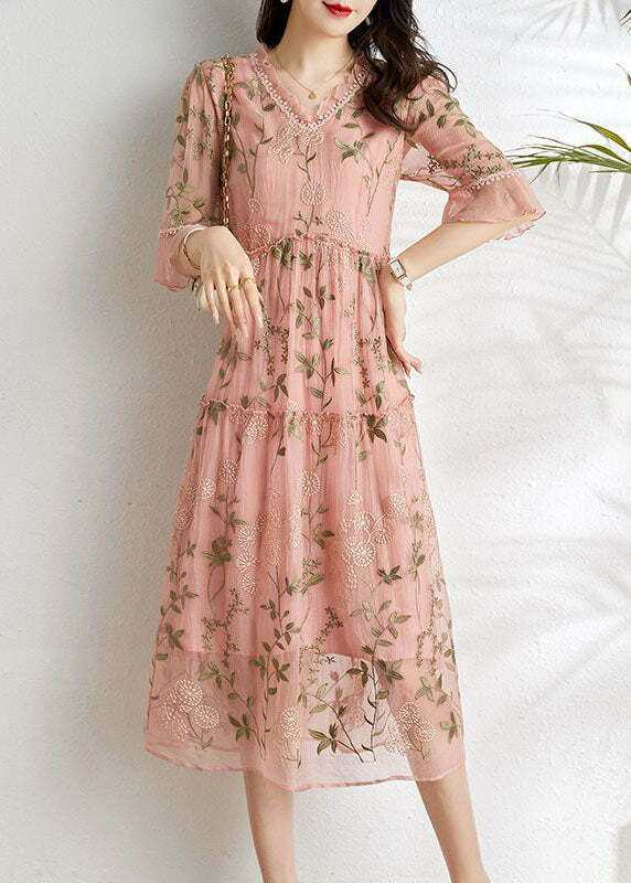French Pink Embroidered Patchwork Wrinkled Tulle Dress - Y2K Summer Grunge 90s Fashion Outfit