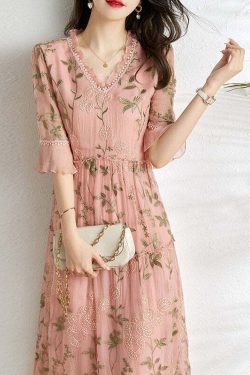 French Pink Embroidered Patchwork Wrinkled Tulle Dress - Y2K Summer Grunge 90s Fashion Outfit