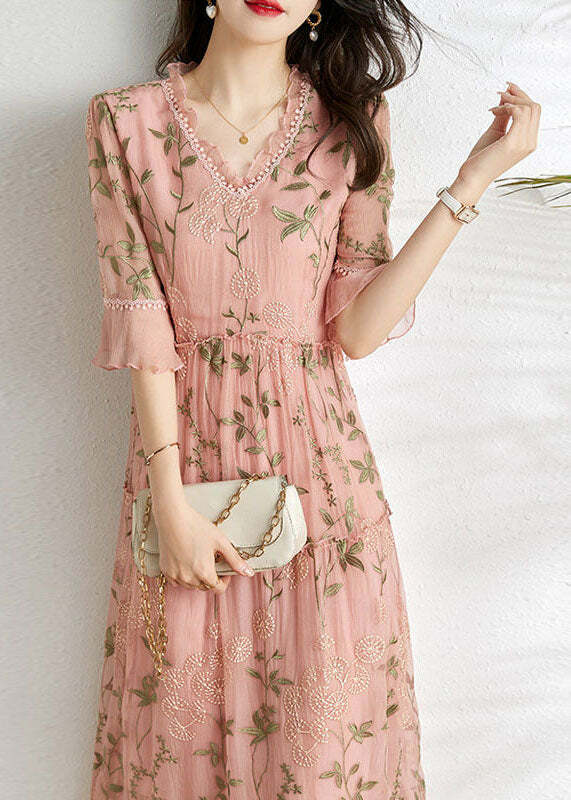 French Pink Embroidered Patchwork Wrinkled Tulle Dress - Y2K Summer Grunge 90s Fashion Outfit