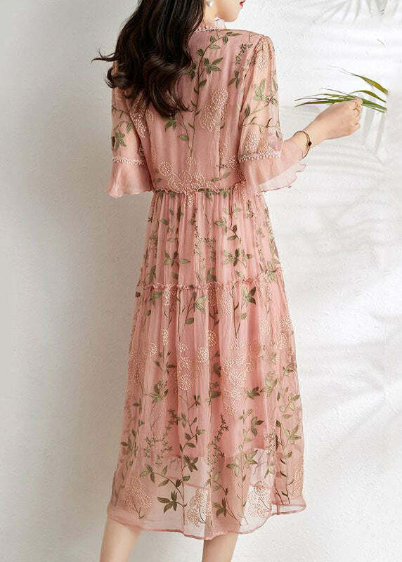 French Pink Embroidered Patchwork Wrinkled Tulle Dress - Y2K Summer Grunge 90s Fashion Outfit