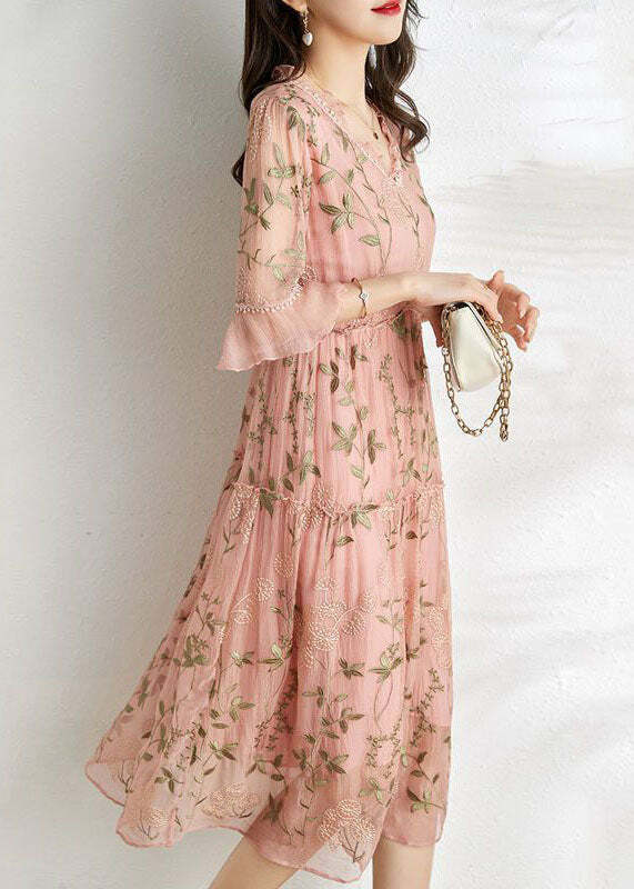 French Pink Embroidered Patchwork Wrinkled Tulle Dress - Y2K Summer Grunge 90s Fashion Outfit