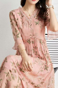 French Pink Embroidered Patchwork Wrinkled Tulle Dress - Y2K Summer Grunge 90s Fashion Outfit