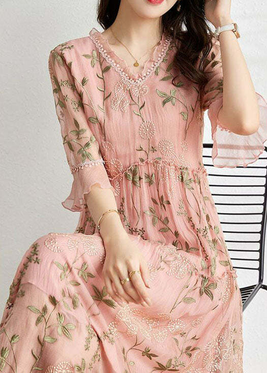 French Pink Embroidered Patchwork Wrinkled Tulle Dress - Y2K Summer Grunge 90s Fashion Outfit