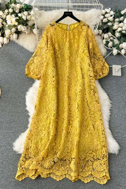 French Yellow O Neck Hollow Out Lace Dress - Y2K Summer, 90s Fashion, Grunge, Retro Style