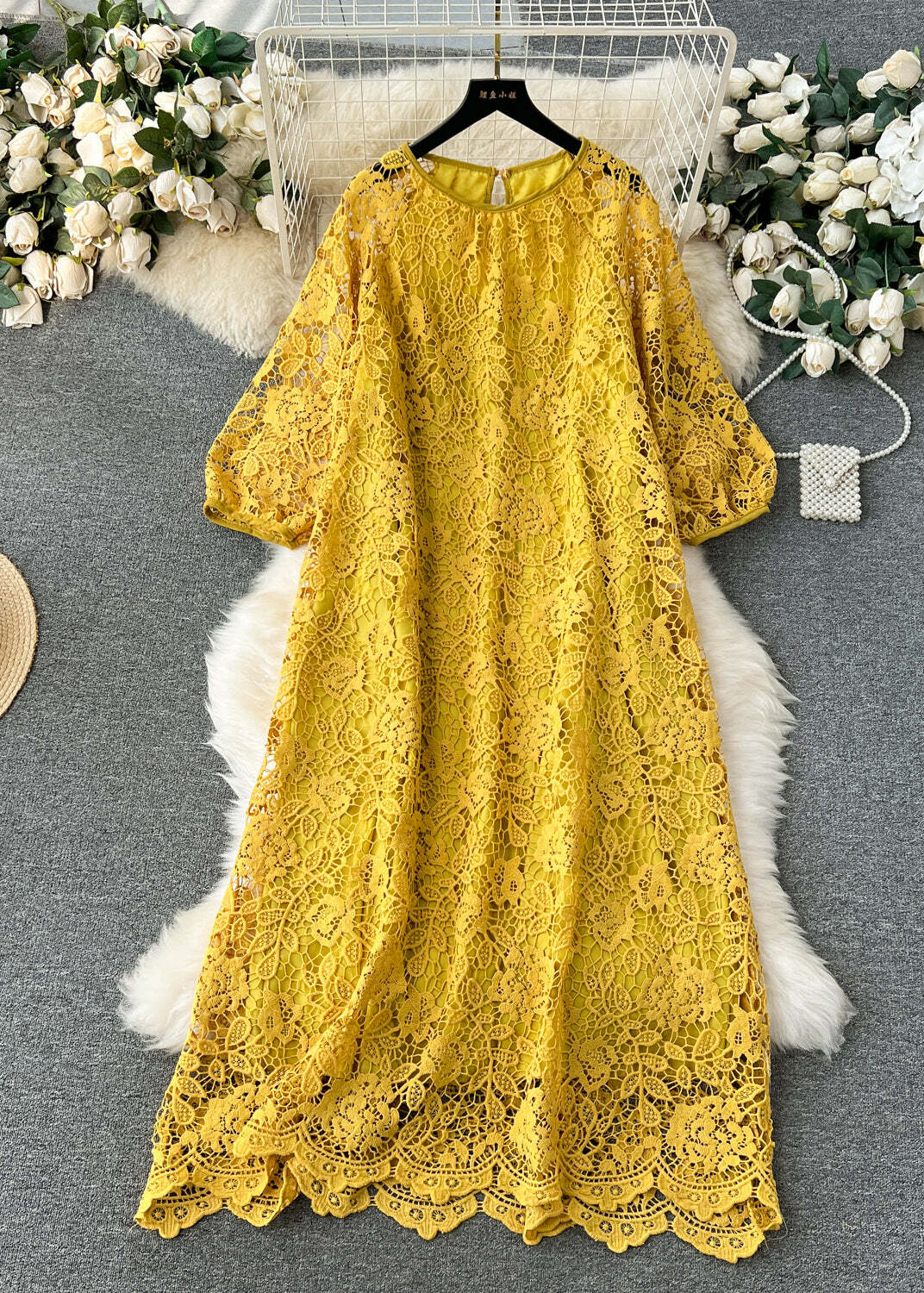 French Yellow O Neck Hollow Out Lace Dress - Y2K Summer, 90s Fashion, Grunge, Retro Style