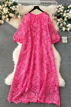 French Yellow O Neck Hollow Out Lace Dress - Y2K Summer, 90s Fashion, Grunge, Retro Style