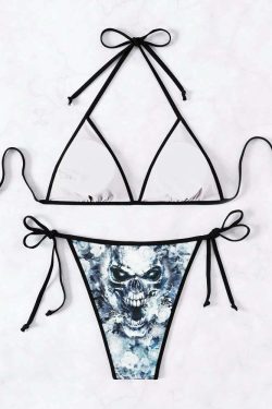 Frozen Flower Skull Halter String Bikini Set - Y2K Summer, 90s Grunge, Retro Goth Beach Outfit